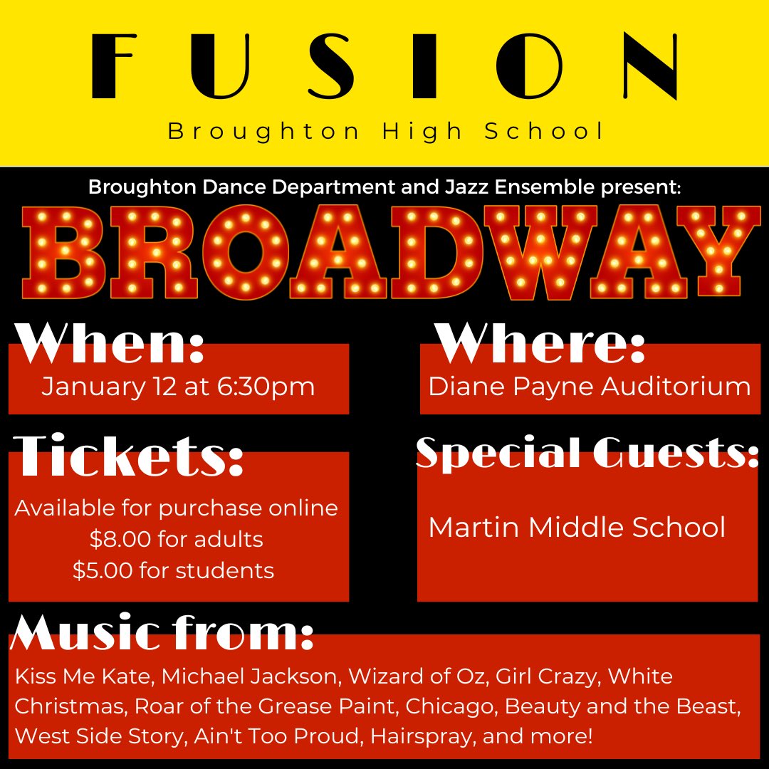 Broughton Fine Arts (@artsbroughton) on Twitter photo See you tonight!
Doors Open at 6:00pm
Tix sold at door!
Get your raffle tickets for 2 DPAC tix and dinner & concessions before we start!
No intermission.
A night of your favorite Broadway hits!
Live jazz & dance together!
<a href="/BHSCaps/">Broughton Caps</a> <a href="/NBroughtonHS/">Broughton Magnet HS</a> <a href="/BHSInstrumental/">Broughton Instrumental 🎻🥁🚩</a> <a href="/CAPSdance2207/">CAPSdance</a> See you tonight!
Doors Open at 6:00pm
Tix sold at door!
Get your raffle tickets for 2 DPAC tix and dinner & concessions before we start!
No intermission.
A night of your favorite Broadway hits!
Live jazz & dance together!
<a href="/BHSCaps/">Broughton Caps</a> <a href="/NBroughtonHS/">Broughton Magnet HS</a> <a href="/BHSInstrumental/">Broughton Instrumental 🎻🥁🚩</a> <a href="/CAPSdance2207/">CAPSdance</a>