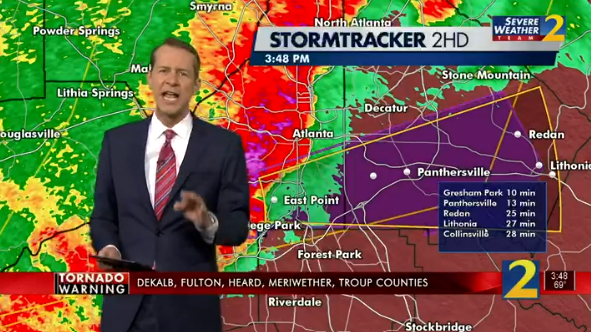 wsbtv's tweet photo. BREAKING: TORNADO WARNING issued for parts of Fulton and DeKalb County, including East Point and College Park, until 4:15 p.m.

TAKE SHELTER NOW

@BradNitzWSB and @BMonahanWSB tracking LIVE NOW on Channel 2 https://t.co/PyUt8JNoQE