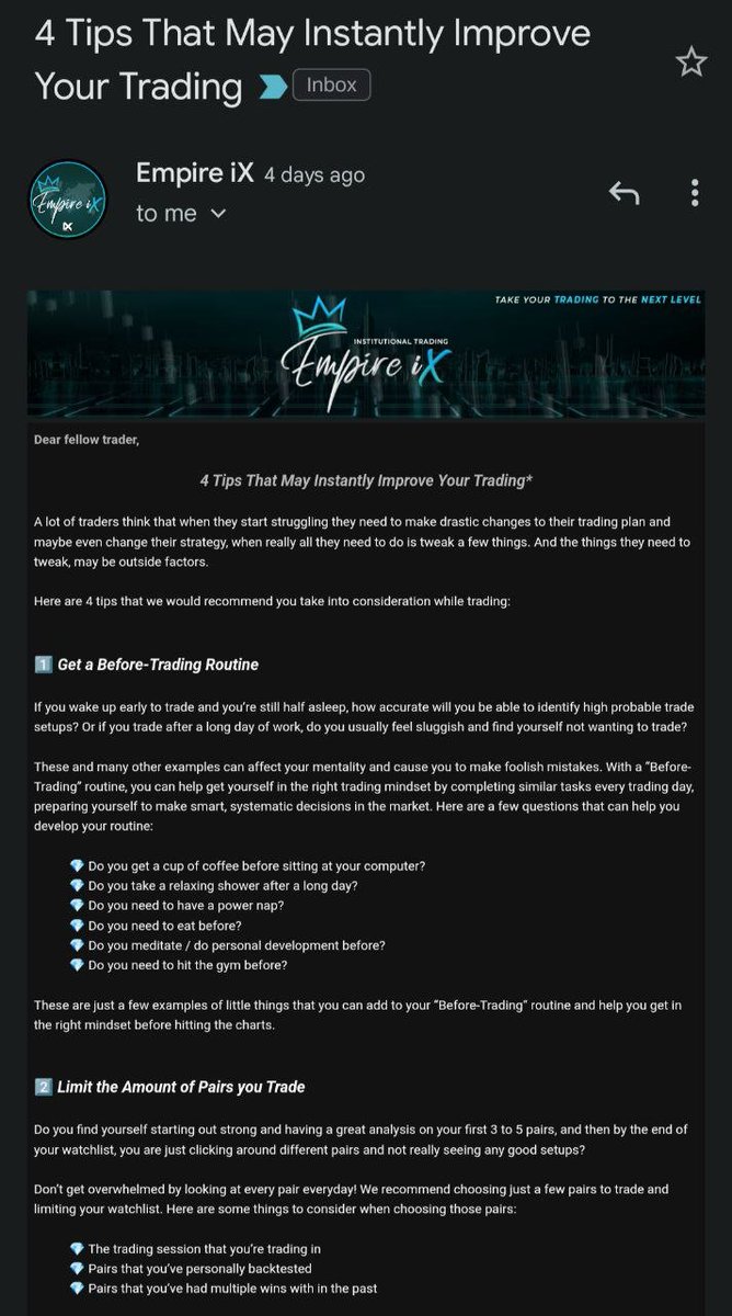 isaiahzaymolina's tweet photo. โHave you subscribed to Empire iX Emails?
Stay up-to-date with your favorite Smart Money Educators and get some exclusive tips that may help your trading improve!
#smartmoney #forex #trading #institutional #crypto #education #online #business #ixglobal #tradingtips #emails https://t.co/5FL2tkebgU