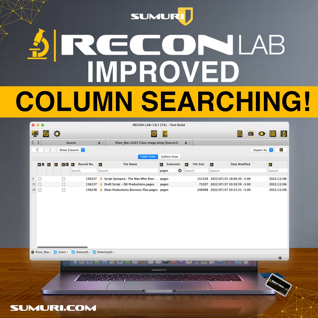 SUMURIForensics's tweet image. Introducing enhanced column searching! Filter columns by keyword to easily and efficiently filter your results to only what you want to see! Try it today! &amp;gt;&amp;gt; sumuri.com/software/recon…

#SUMURI #RECONLAB #forensicsoftware #digitalforensics #forensicinvestigation #datarecovery
