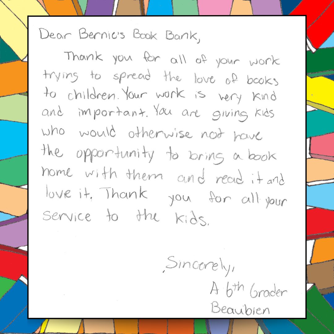 berniesbookbank's tweet photo. "You are giving kids who would otherwise not have the opportunity to bring a book home with them" Notes like these remind us why our mission to increase book ownership in the Chicagoland area is so important! 💚 📚 

#ThankYouNoteThursday #BooksForABetterLife #ChangeTheStory https://t.co/GLvCjusDud