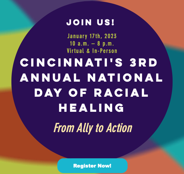 Join our team at Cincy’s National Day of Racial Healing next week! 

We’re excited to be a part of two sessions: How Guaranteed Income Could Work in Cincinnati at 11am and Can You Hear Us Now? at 1pm.

Register at racialhealingcincinnati.com 

<a href="/GrCinciFdn/">Greater Cincinnati Foundation</a> <a href="/UC_TRHT/">UC TRHT</a> <a href="/QVCincy/">Queens Village</a>