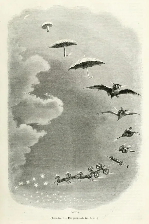 HumorArtsMuseum's tweet photo. Second Dream: A Stroll in the Sky

J.J. Grandville (artist), Paul Constant Soyer (engraver), 1820-47, Wood engraving

An illustrator who studied physiological theory and experimented with dream images in art, Grandville considered his dreamwork "metamorphoses of the night". https://t.co/os8ECJqNgU