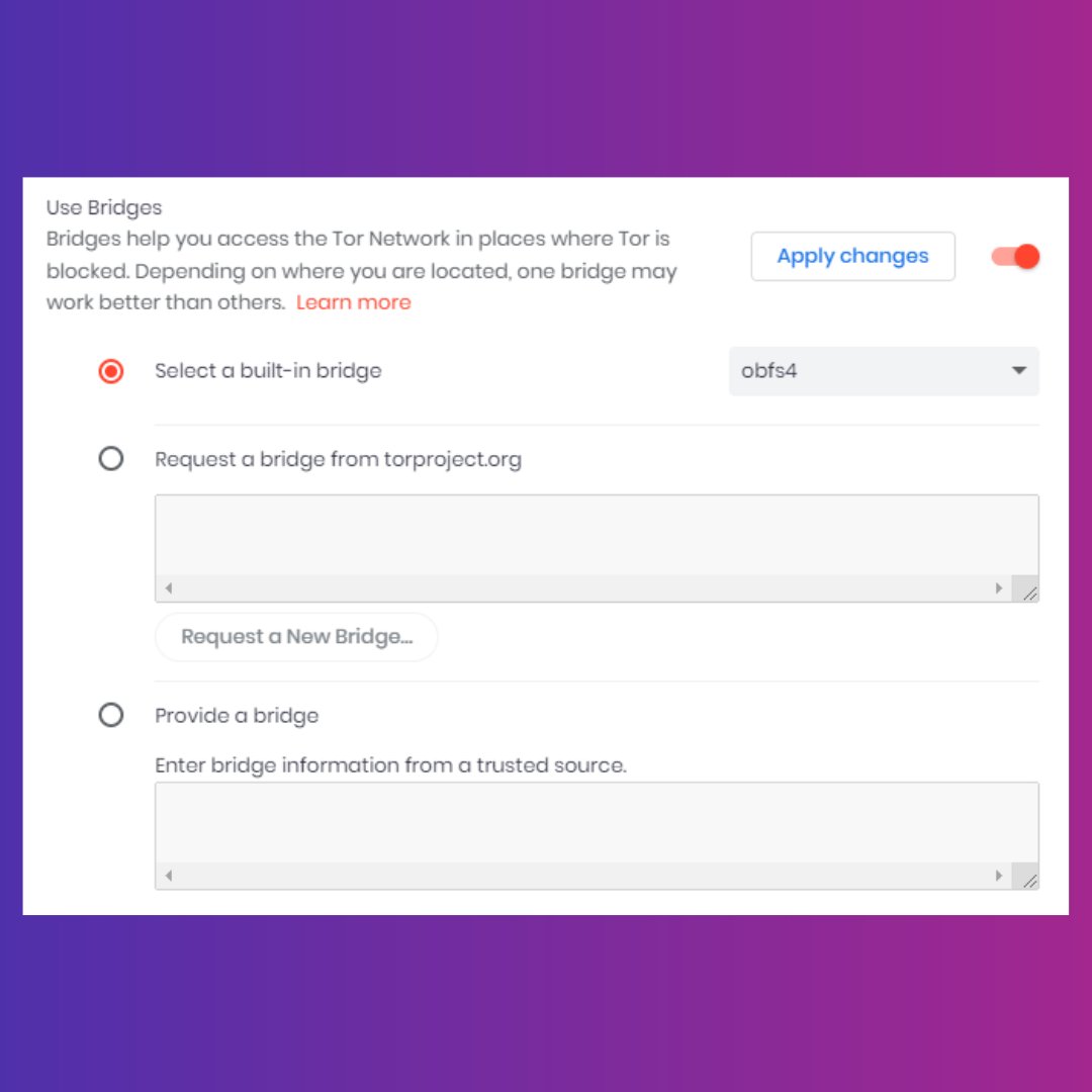 brave's tweet photo. Brave users can now use bridges for private windows with Tor by enabling them at brave://settings/privacy. Bridges let people access the Tor network even when their government is blocking connections to the network. https://t.co/vcl3GLUmbz