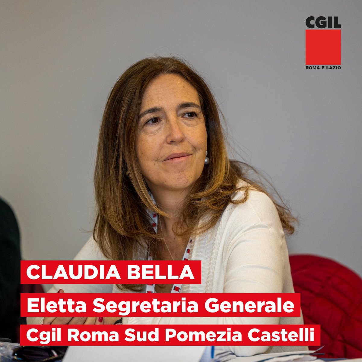 CgilRomaelazio's tweet photo. 🟥 Congratulazioni, Claudia!

La Compagna Claudia Bella è stata confermata Segretaria Generale della #Cgil Roma Sud Pomezia Castelli al termine dei lavori del IV Congresso della struttura confederale. 

A lei i nostri migliori di auguri di buon lavoro. #CgilSocial https://t.co/t6SQ7RigxB