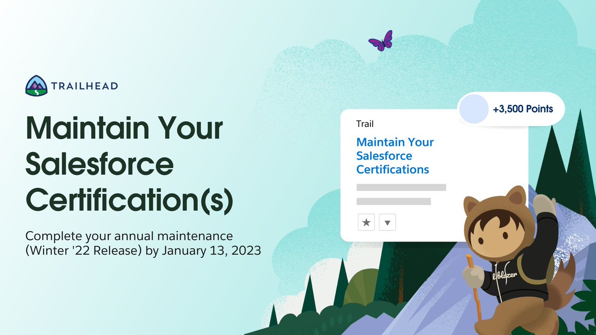 🔒⛄️ Winter '22 certification maintenance is due tomorrow! 

⏰ Did you know most maintenance modules take less than 30 minutes?

Head to Trailhead and complete your module today ➡️: sforce.co/3kc9Fq6