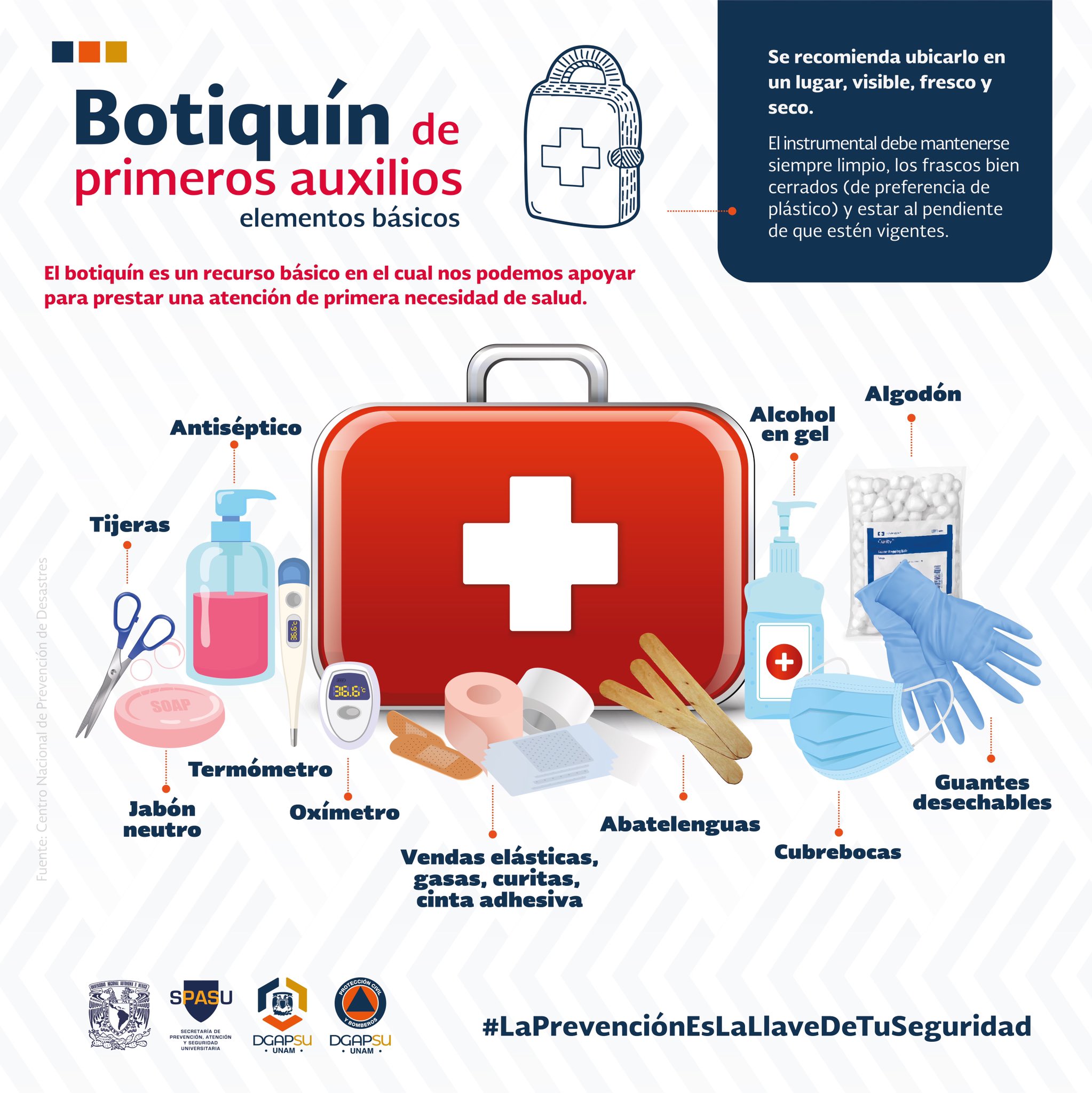 FacultadMedicinaUNAM on X: Un botiquín de primeros auxilios es clave para  una atención de primera necesidad y también una herramienta de prevención  para la salud. @PCUNAM da las siguientes recomendaciones para su