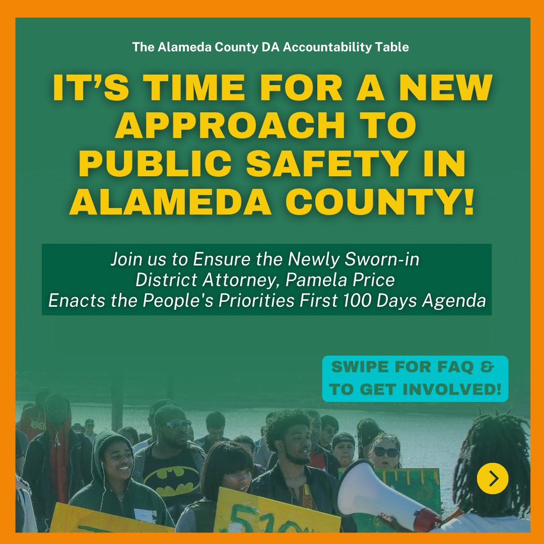The time is NOW to shift Alameda County’s approach to public safety! The Alameda County DA Accountability Table has developed a People’s Priorities agenda for the DA’s office laying out what the office must focus on in the first 100 days & beyond 🧵 #KnowYourDA #100Days4Community