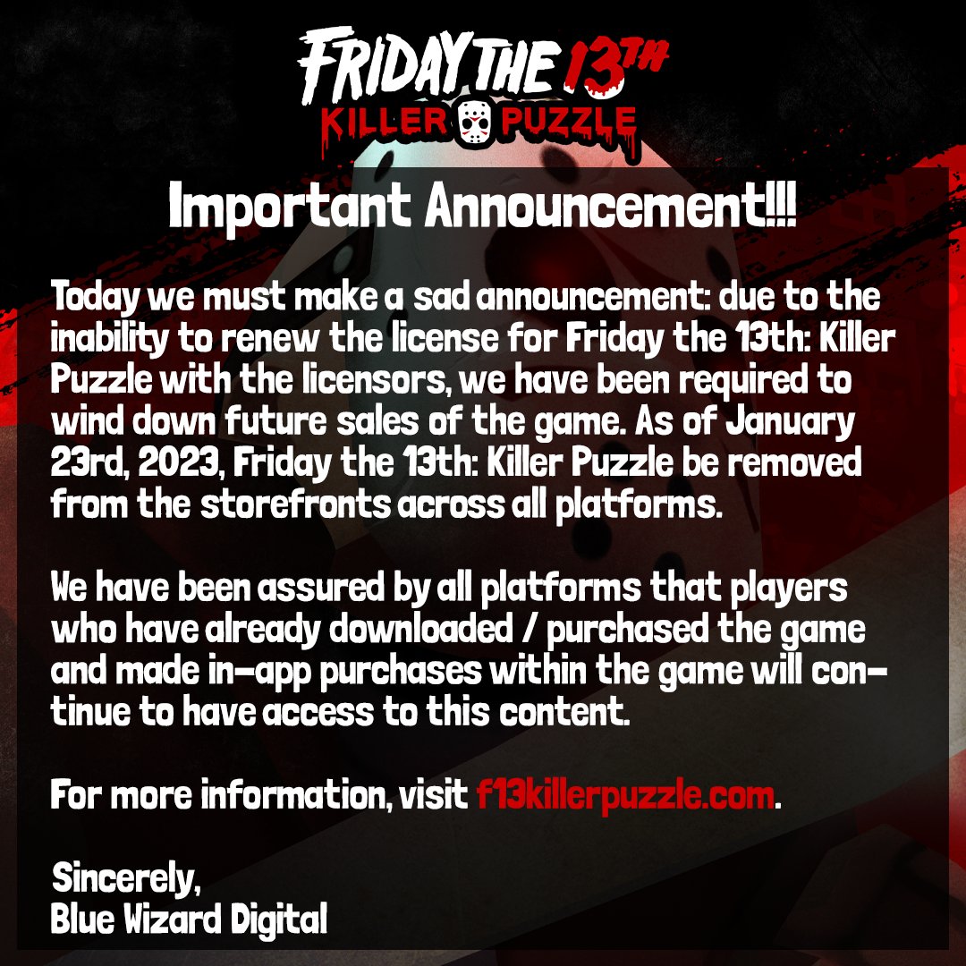 Blue Wizard Digital announce that Friday the 13th: Killer Puzzle is coming  to Switch in time for Halloween.