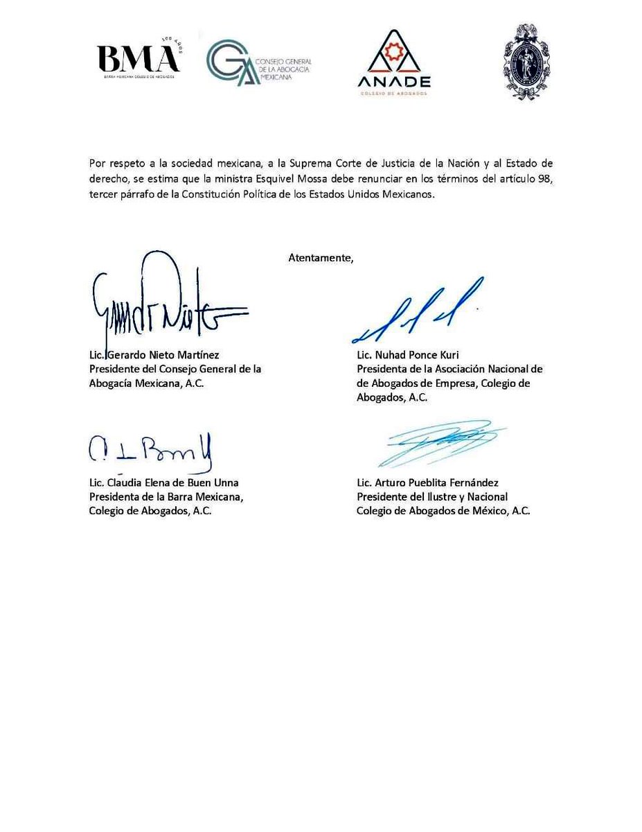 INCAM_Abogados's tweet photo. Pronunciamiento conjunto de la abogacía organizada mexicana, sobre la resolución de la UNAM, relativa a la tesis de la ministra Yasmín Esquivel Mossa. https://t.co/4C3v3rKj8P