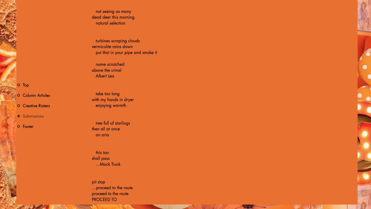 Jerome William Berglund (hiatus) (@berglundjerome) on Twitter photo Huge thanks to <a href="/_RiotMag/">Riot Mag - NOW DEFUNCT!</a>-azine team, Brishti Chakraborty & great company for publishing these poems of mine in their recent issue!!
#haiku #senryu #poetry #art #writingcommunity #writersoftwitter #literaryjournal #publication
Check out the entirety here:
riot-mag.com/issue-28 Huge thanks to <a href="/_RiotMag/">Riot Mag - NOW DEFUNCT!</a>-azine team, Brishti Chakraborty & great company for publishing these poems of mine in their recent issue!!
#haiku #senryu #poetry #art #writingcommunity #writersoftwitter #literaryjournal #publication
Check out the entirety here:
riot-mag.com/issue-28
