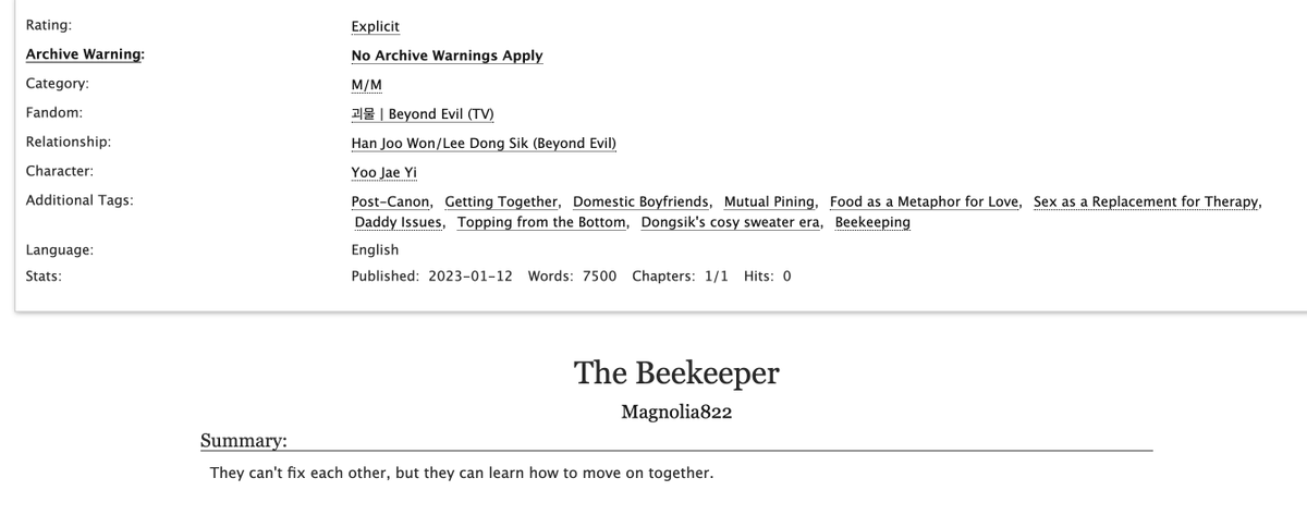 New fic! The Beekeeper, Explicit, 7.5K #Joowon #Dongsik 🐝 #BeyondEvil or should i say Bee-yond (sorry) 🐝 Post-canon getting together 🐝 They feed each other & have sex instead of talking but it works for them 🐝 Basically married couple behavior Link: archiveofourown.org/works/44226205