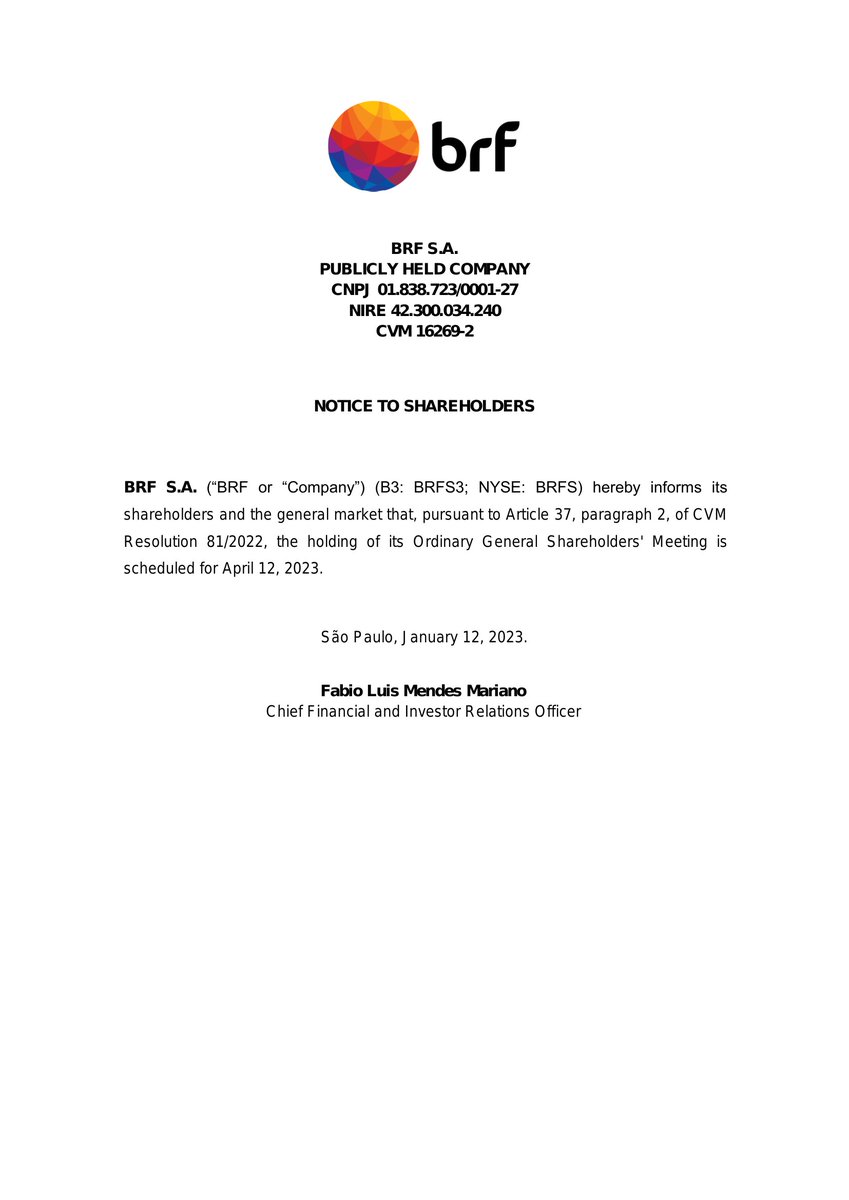 CalixtoCapital's tweet image. #BRFS | BRF SA | Aviso aos Acionistas
