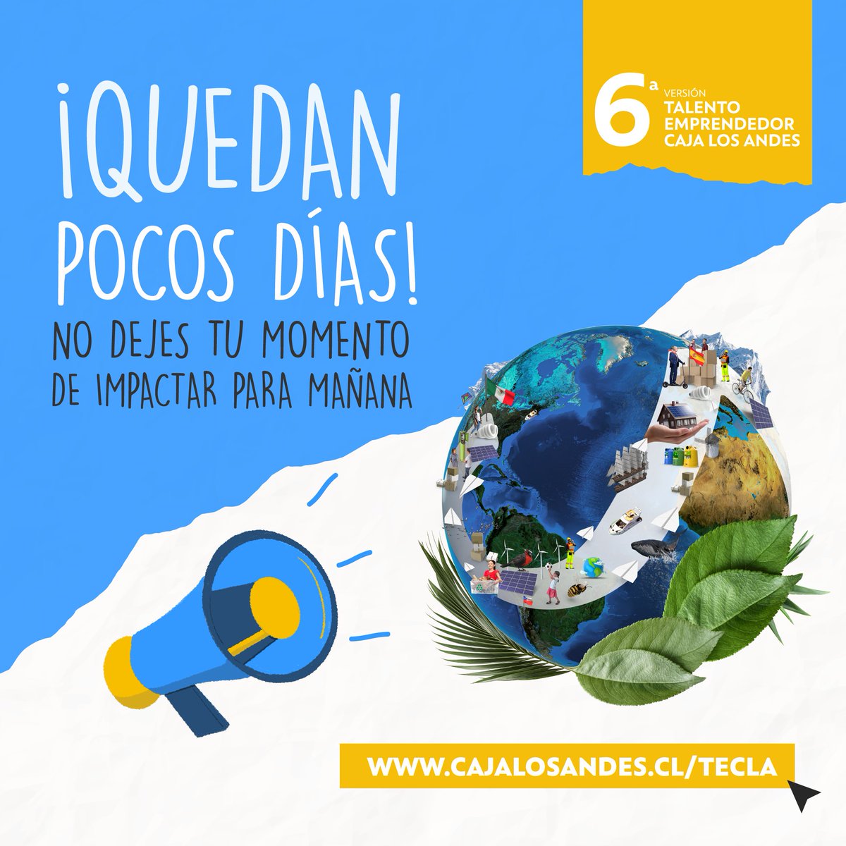 ¡QUEDAN POCOS DÍAS! Postula hasta el 15/0 y lleva soluciones sostenibles a todo el 🌎

Ingresa a www.cajalosandes/tecla, selecciona una categoría y sube tu proyect ¡No pierdas la oportunidad de generar cambios en la vida de millones de personas! 
¿Te sumas? #TeclaSinFronteras