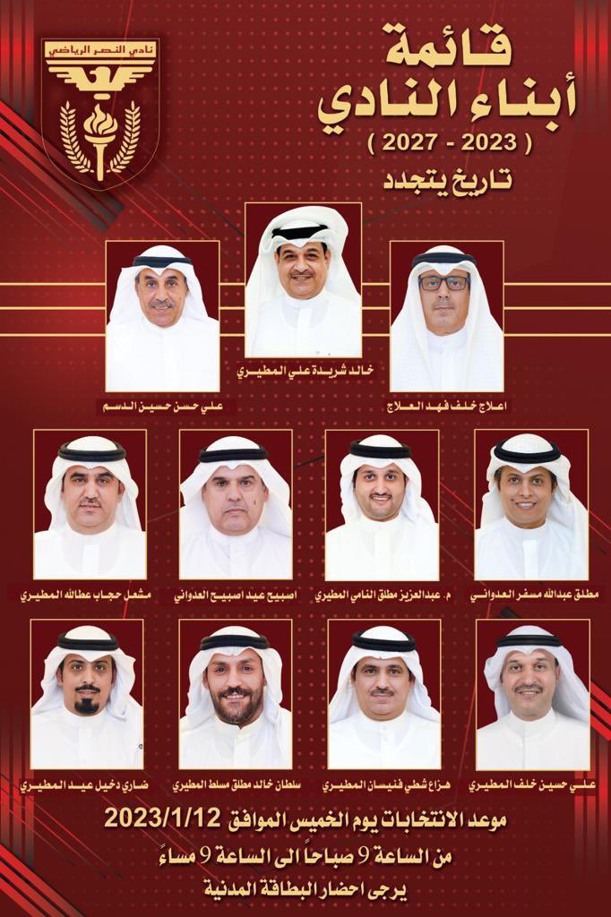 assabahnews's tweet photo. فوز [ قائمة ابناء النادي ] في انتخابات نادي النصر الرياضي 

#الكويت 
#kuwait 
#قائمة_ابناء_النادي 
#نادي_النصر_الكويتي 
#نادي_النصر 
 #انتخابات_نادي_النصر_2023
#انتخابات_نادي_النصر_الرياضي 
#انتخابات_نادي_النصر2023
#نادي_الجهراء https://t.co/z1W0EAHjOL