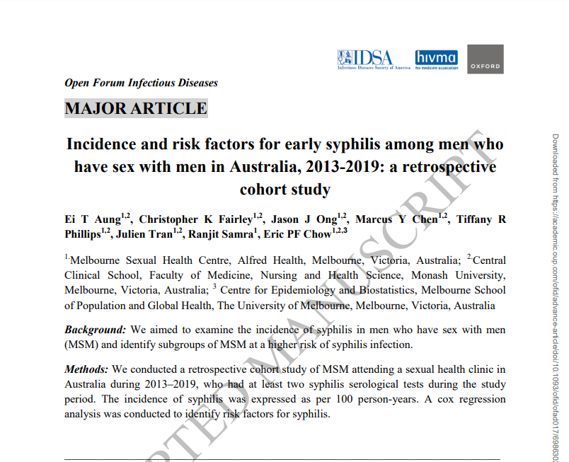 MSHC Research (@mshcresearch) on Twitter photo New article from our PhD candidate Dr Ei Aung published in <a href="/OFIDJournal/">Open Forum Infectious Diseases</a> shows the incidence and risk factors for early syphilis among gay and bisexual MSM in Australia.
Read the article here:
bit.ly/3CIWGCO New article from our PhD candidate Dr Ei Aung published in <a href="/OFIDJournal/">Open Forum Infectious Diseases</a> shows the incidence and risk factors for early syphilis among gay and bisexual MSM in Australia.
Read the article here:
bit.ly/3CIWGCO