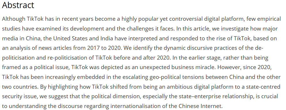 Media_Int_Aus's tweet photo. MIA186: More than business: The de-politicisation and re-politicisation of #TikTok in the media discourses of China, America and India (2017–2020) by Weishan Miao, Dianlin Huang, Ying Huang
@WeishanM

https://t.co/QIWlwUGDPg https://t.co/BQm5PPlmkI
