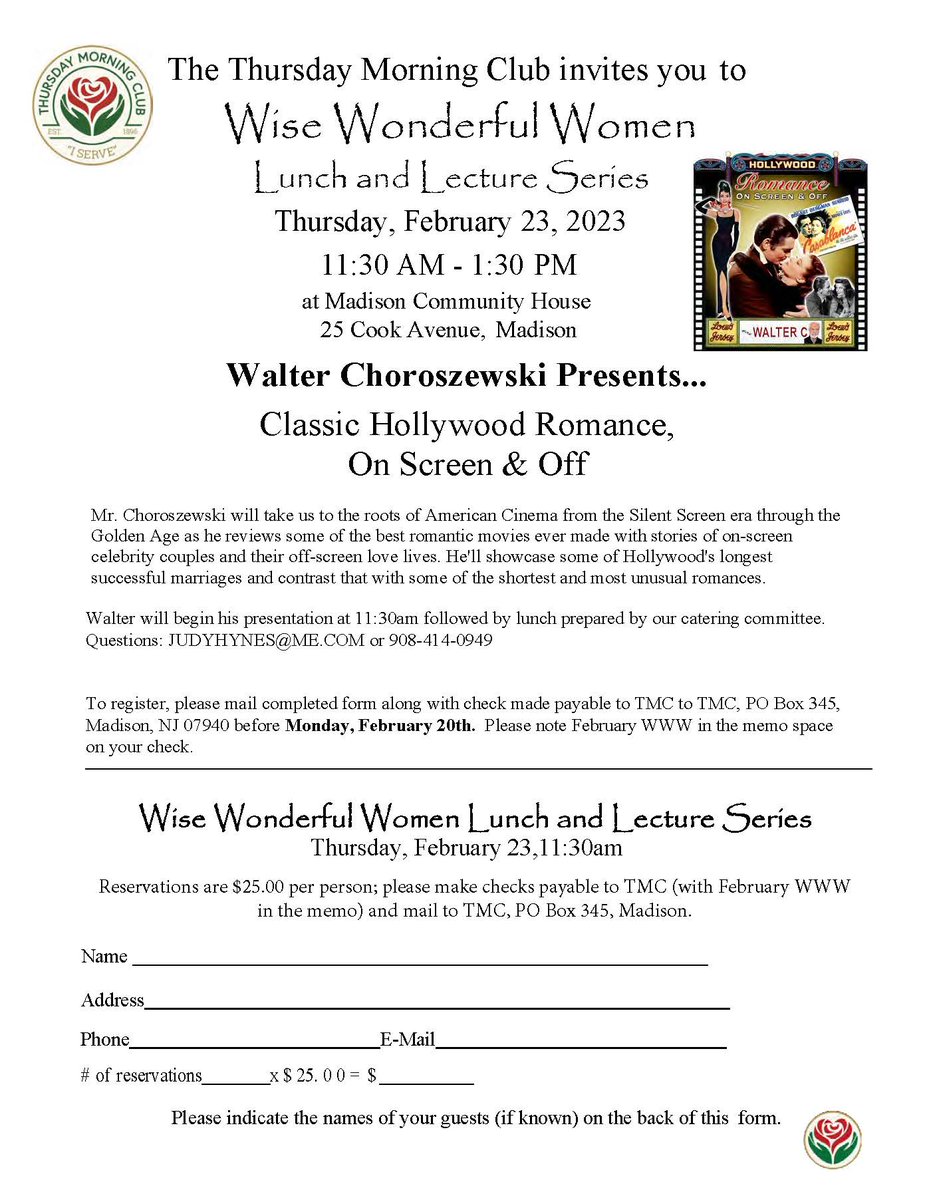 TMCMCH25's tweet photo. Wise Wonderful Women-2/23/23. American Cinema: Silent Screen era through the Golden Age. Presentation @11:30 am followed by lunch. 

Fill out the form/return-TMC @ PO Box 345 Madison or go to our website https://t.co/BnrXqWYuen

#TMC #IServe https://t.co/DK0dM8C5fb