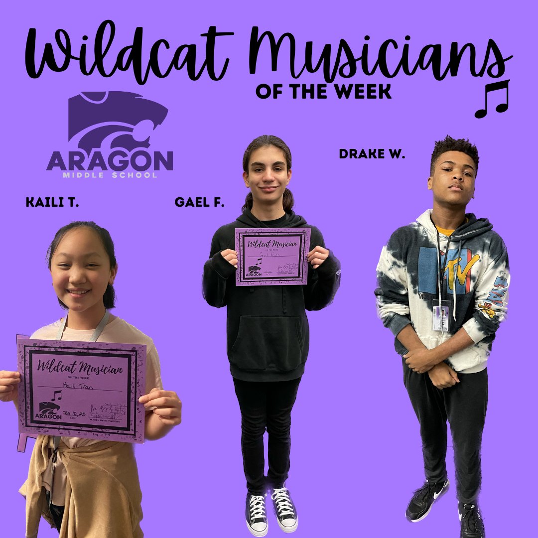AragonWildcats's tweet photo. The halls are alive with the sound of music! Our #WildcatMusiciansOfTheWeek are Kaili, Gael, and Drake - we're so proud of your #WildcatExcellence https://t.co/hEjyOosUOF