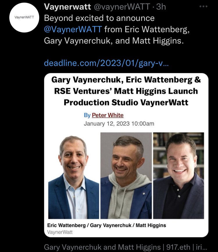 sadaf_eth's tweet photo. Wow! So @mhiggins just announced a partnership with @garyvee and Eric Wattenberg on a production studio! 🎉

First thing Mr. Higgins did was purchase his new company’s #ENS 🔥

I guess what I’m saying is.. welcome to the ENS community Gary and Eric! 😎🤝 https://t.co/nLiLLD5npq