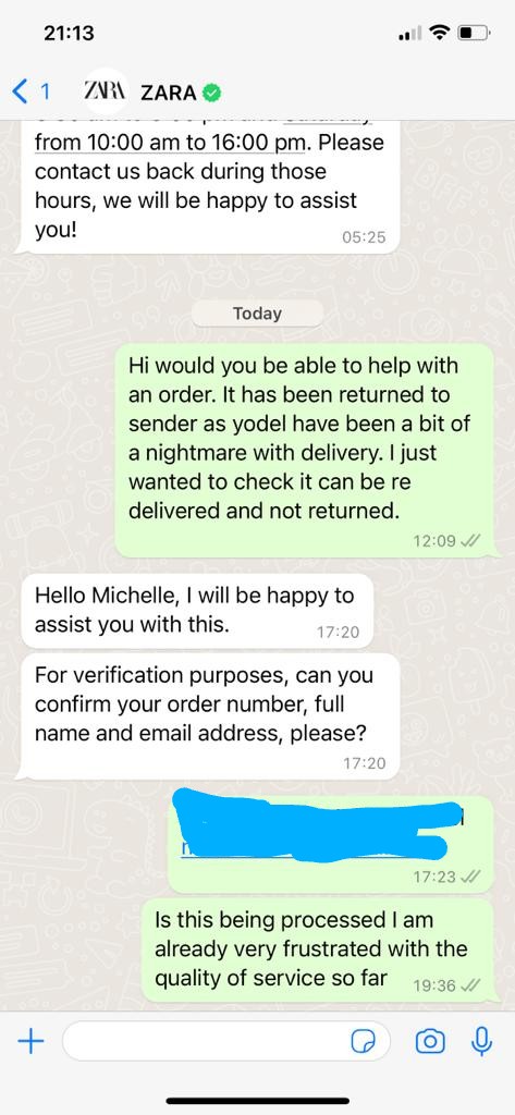 Seeld4alltime's tweet photo. And Zara WhatsApp chat is equally terrible, message exchange at 5.30pm and then..... No reply. Rubbish. https://t.co/jlD2mimZl8