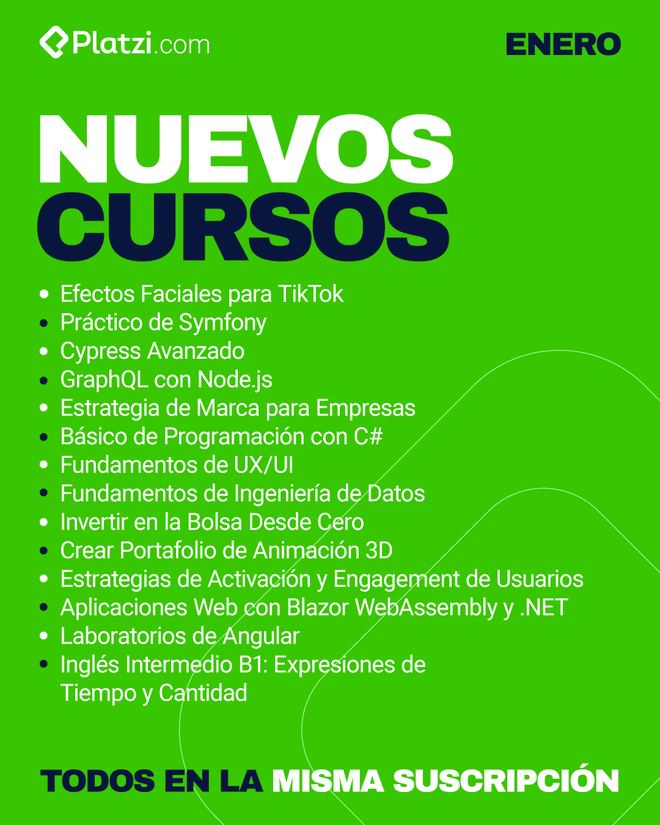 platzi's tweet image. #NuncaParesDeAprender con los NUEVOS cursos de enero.

Conoce desde efectos para social media hasta cómo invertir en la bolsa para facturar más. 

Descúbrelos todos: platzi.com/l/cursosenero_…
