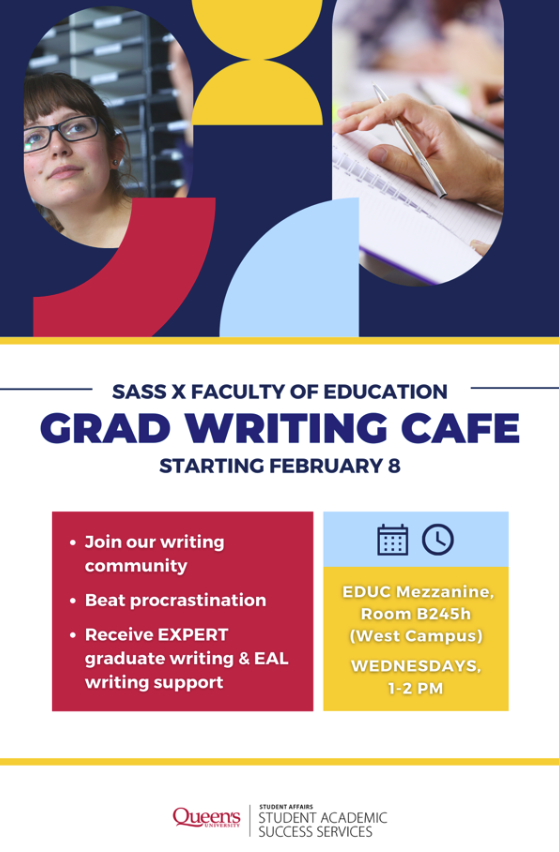 <a href="/QueensEduc/">Faculty of Education</a> #gradstudents, did you know <a href="/queensusass/">Queen's University SASS</a> will host a weekly writing café group starting Feb 8? This is a great way to get expert advice in an informal &amp; supportive environment. No registration is required and refreshments will be provided! We hope to see you there! ✍️
