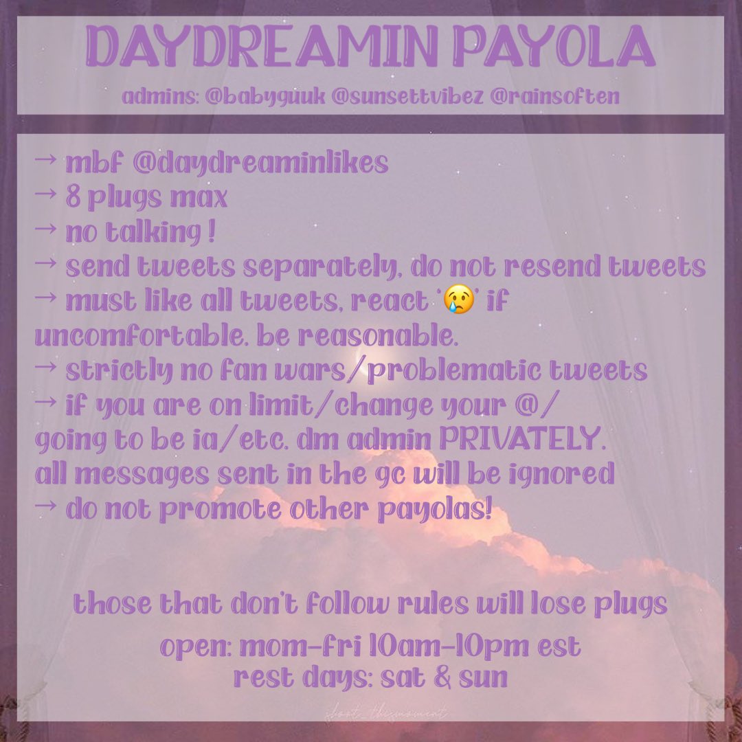 RECRUITING ACTIVE MEMBERS FOR DAYDREAMIN PROMO / PAYOLA / HYPE GC  

✶ retweet &amp; reply to be added
✶ 60+ likes guaranteed
✶ all fandoms welcomed 
✶ don’t join if ia
✶ MUST BE FOLLOWING <a href="/daydreaminlikes/">daydreamin likes</a> 

— adding to wait list first, then adding to main gc in 24 hrs