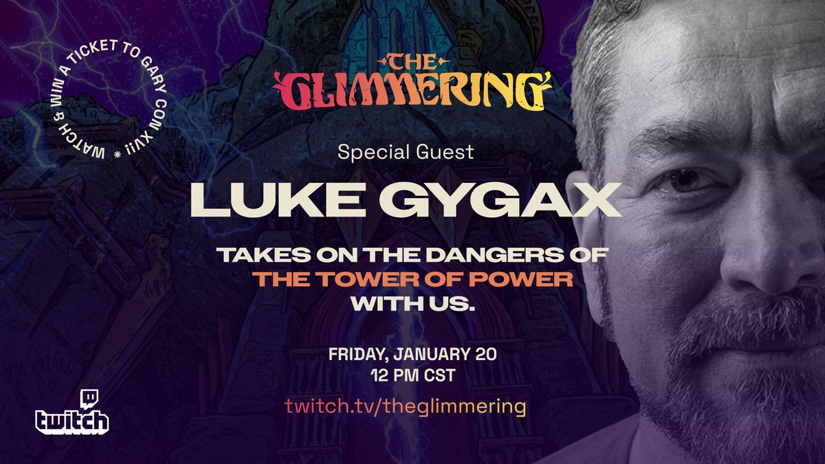 We have a special Twitch stream slated for next week!

<a href="/lukegygax/">Luke Gygax</a> will be joining us on to play some Tower of Power!

To sweeten the deal even more, we will be giving away a Silver Badge to <a href="/GaryCon/">Gary Con</a> to one lucky viewer!

Mark your calendars now!
📺twitch.tv/theglimmering