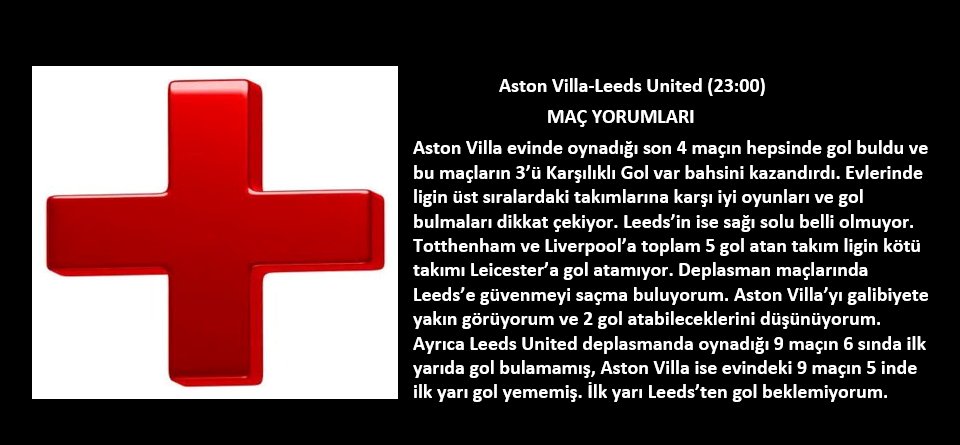 analiz_plus's tweet photo. Aston Villa-Leeds United
BANKO TAHMİNLER
Ev Sahibi Gol 1.5 Üst- 1.66 Oran
Deplasman İlk Yarı Gol 0.5 Alt- 1.38 Oran
Toplam Gol 2.5 Üst- 1.58 Oran

Maç analizleri ve yorumları ektedir!
 #JoaoFelix #Felix #ChelseaFC #GalatasaraySK #BuguenGuenlerdenGALATASARAY #sivas #iddaa #AVAX https://t.co/CI6qB4uBm8