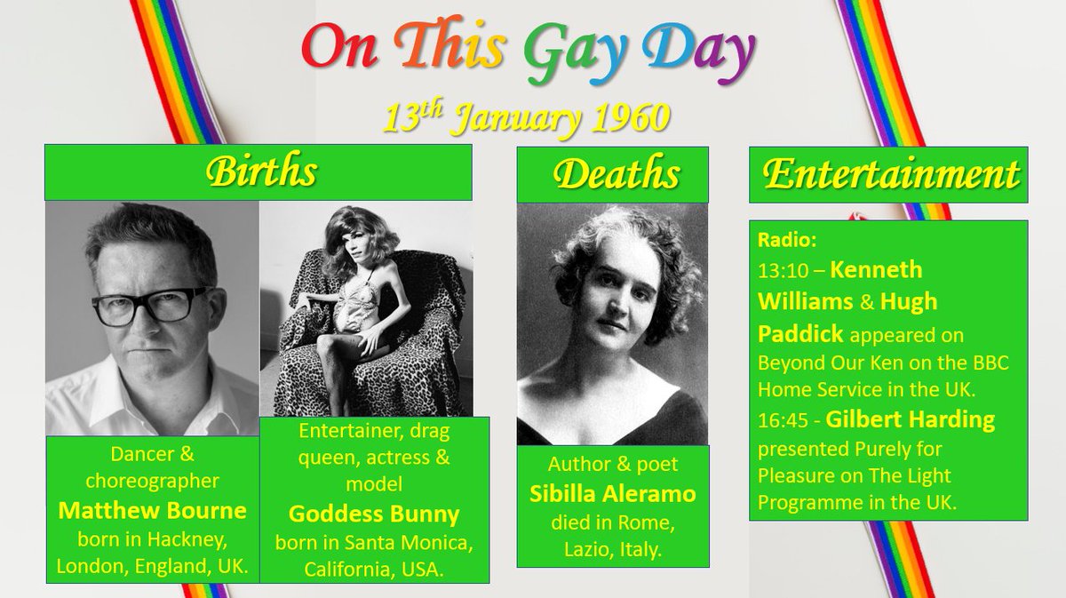 #OnThisGayDay - 13th January 1960
#MatthewBourne #Ballet #Hackney #London #GoddessBunny #DragQueen #SantaMonica #California #SibillaAleramo #Rome #Lazio #KennethWilliams #HughPaddick #GilbertHarding 
#LGBTHistory #LGBTStories #QueerHistory #QueerStories #LGBT #LGBTQ #LGBTQIA+