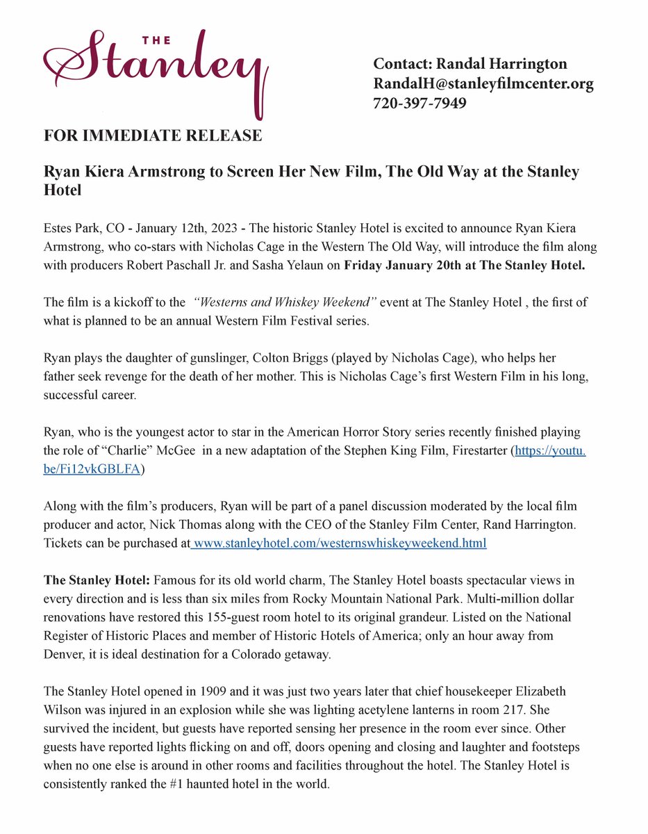 The Stanley Hotel is excited to announce @RyanKArmstrong, who co-stars with Nicholas Cage in the Western 'The Old Way', will introduce the film along with producers Robert Paschall Jr. and Sasha Yelaun on Friday January 20th at The Stanley Hotel. stanleyhotel.com/westernswhiske…