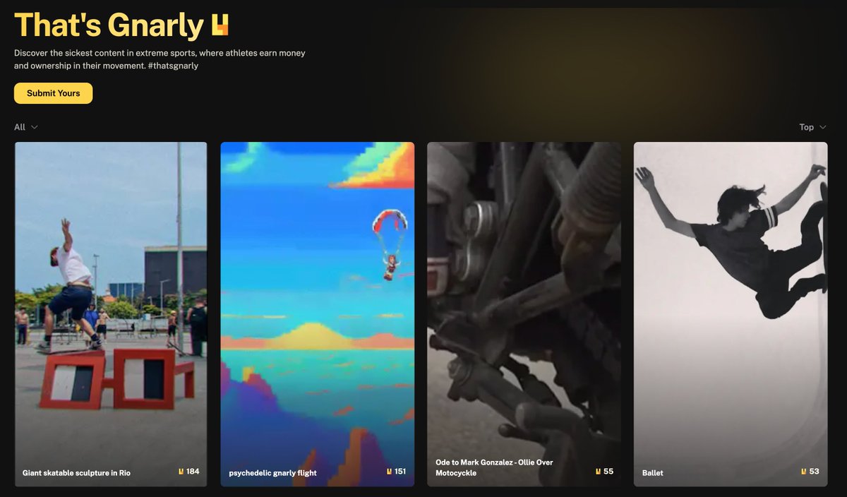 In just under 4 hours, the first <a href="/gnars_dao/">Gnars</a> open edition will drop via thatsgnar.ly

The current leader, coming in at 184 votes, is Giant Skatable sculpture in Rio by <a href="/nounish/">nounish ⌐◨-◨</a>