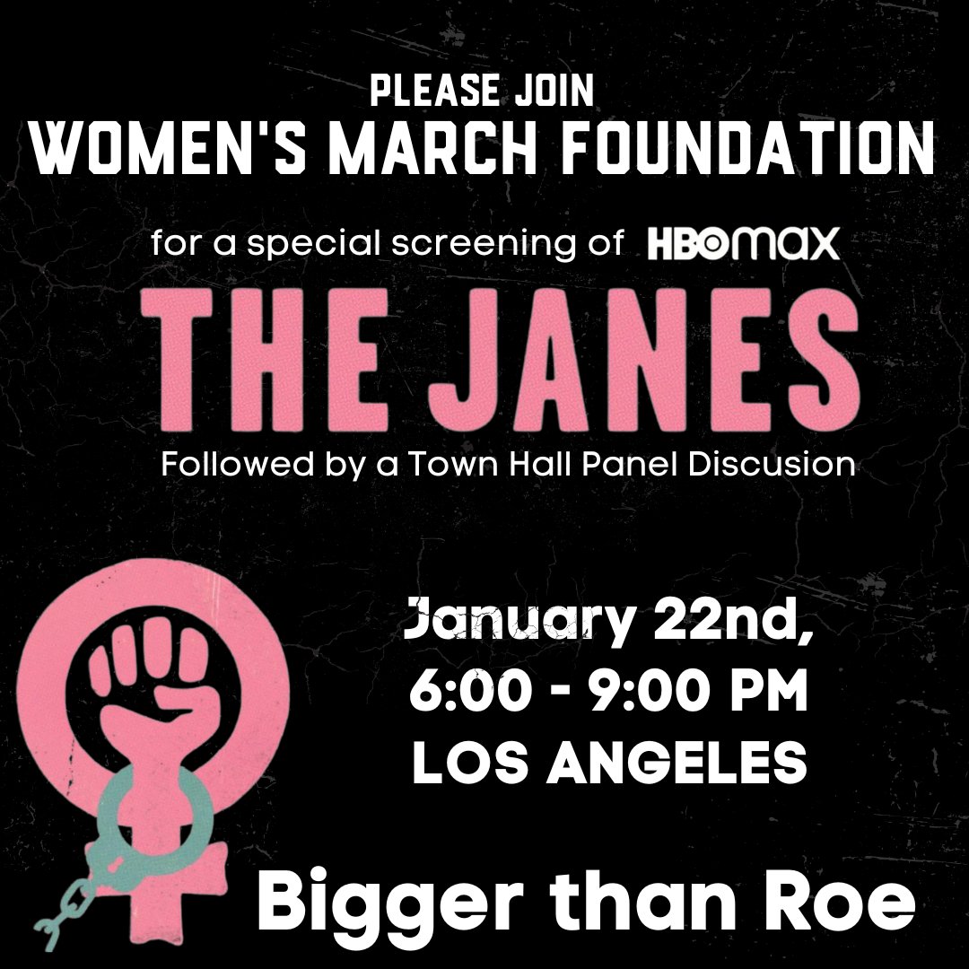 We are partnering with Women's March Foundation to sponsor a screening of The Janes, an HBO documentary that looks at the past and shows us the future of reproductive rights in the US. 

Get your tickets now for the screening, followed by a speaker panel. eventbrite.com/e/505153025297
