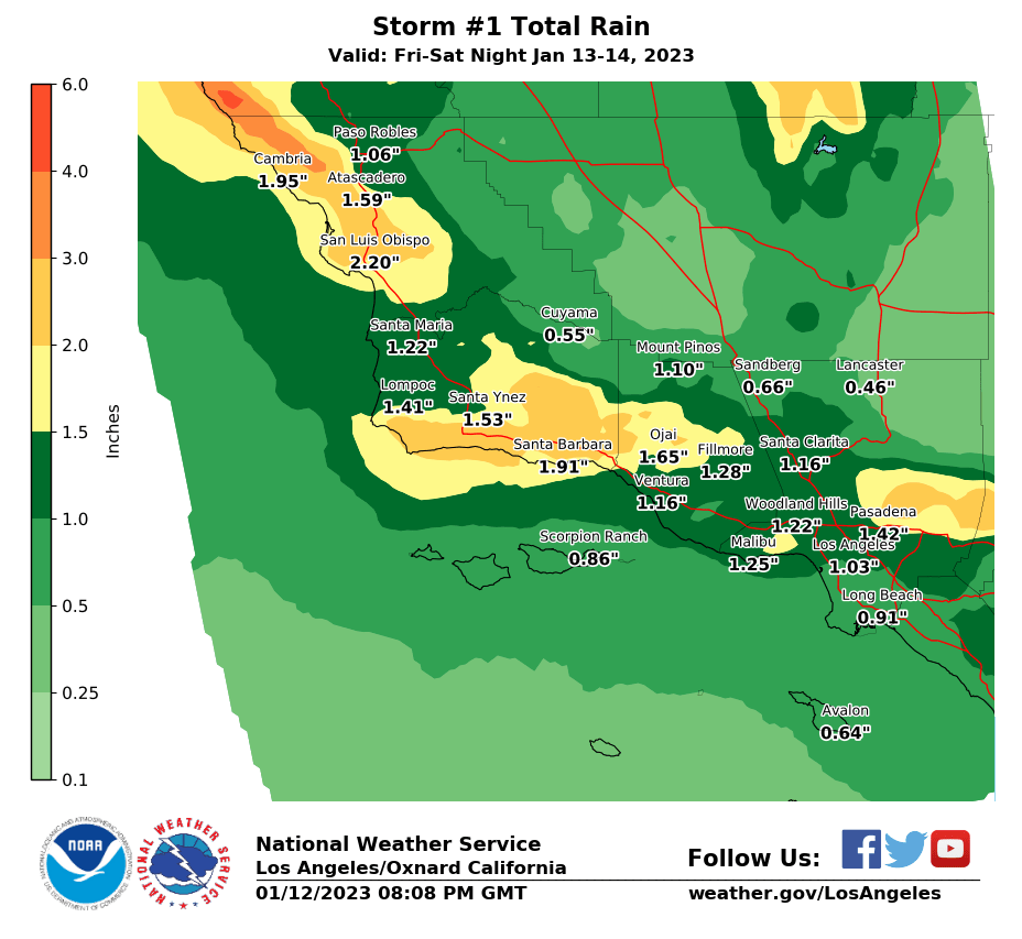 First storm rain map for southwest california, values ranging from 0.50 to 3.00 inches