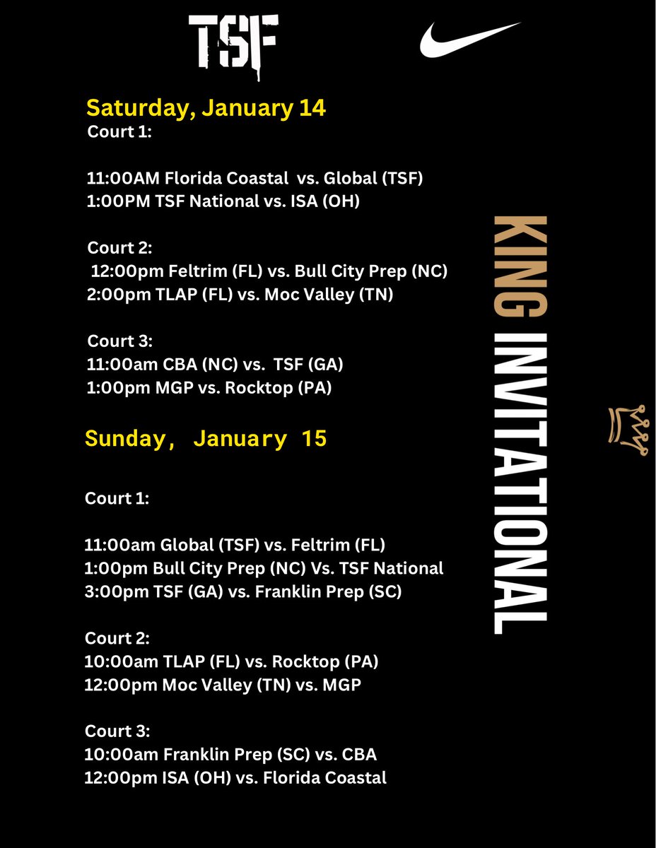King Invitational x TSF‼️

<a href="/LakePointSports/">LakePoint Sports</a> playing host.

College coaches - prospects for all levels going head to head on MLK weekend 🔥