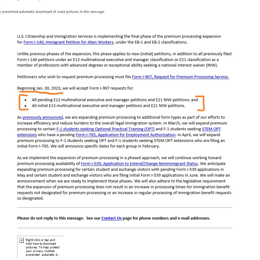 jayw_u's tweet photo. Starting January 30, 2023, premium processing will be available to new and pending:
-E13 multinational executive/manager petitions
-E21 NIW petitions
no more phased expansion of premium processing.
#I140niw #niw #i140 #eb1c https://t.co/CSdFGl0Zbf