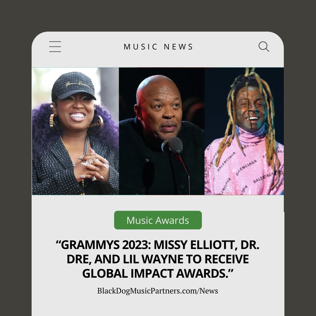 “Grammys 2023: Missy Elliott, Dr. Dre, and Lil Wayne to Receive Global Impact Awards.”

Learn more: tinyurl.com/7crspdrt
.

.

#indiemusician #indieartistmusic #indiemusicscene #amazingmusicians #musicblogs #musicnews #musicindustry #blackdogmusic #blackdogmusicpartners