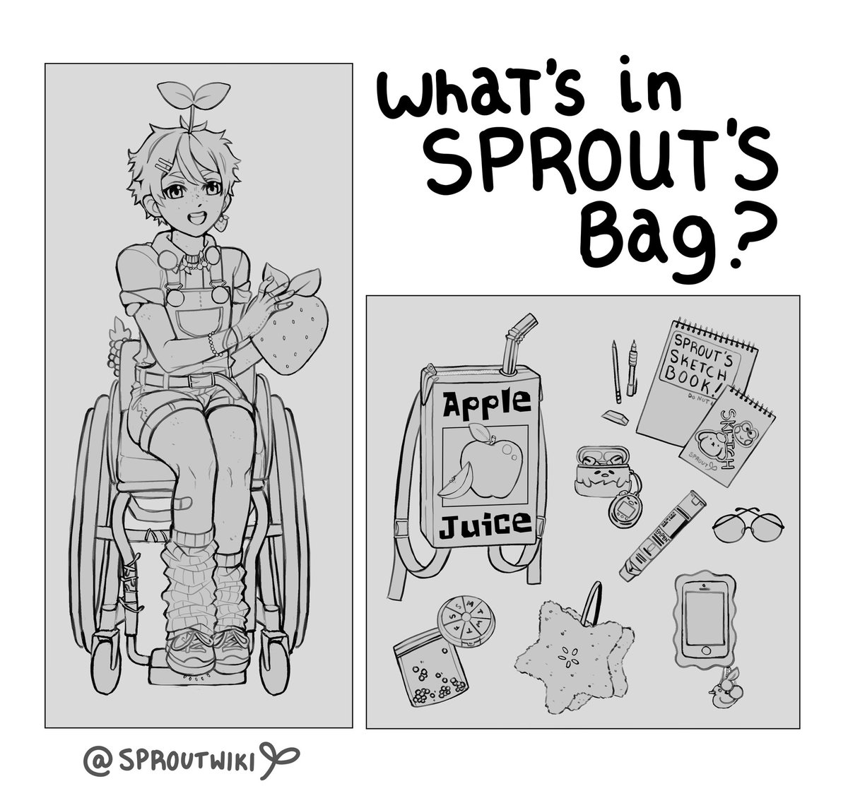 A WIP of a “what’s in SPROUT’s bag?” 🌱⭐️🧃#disabledartist