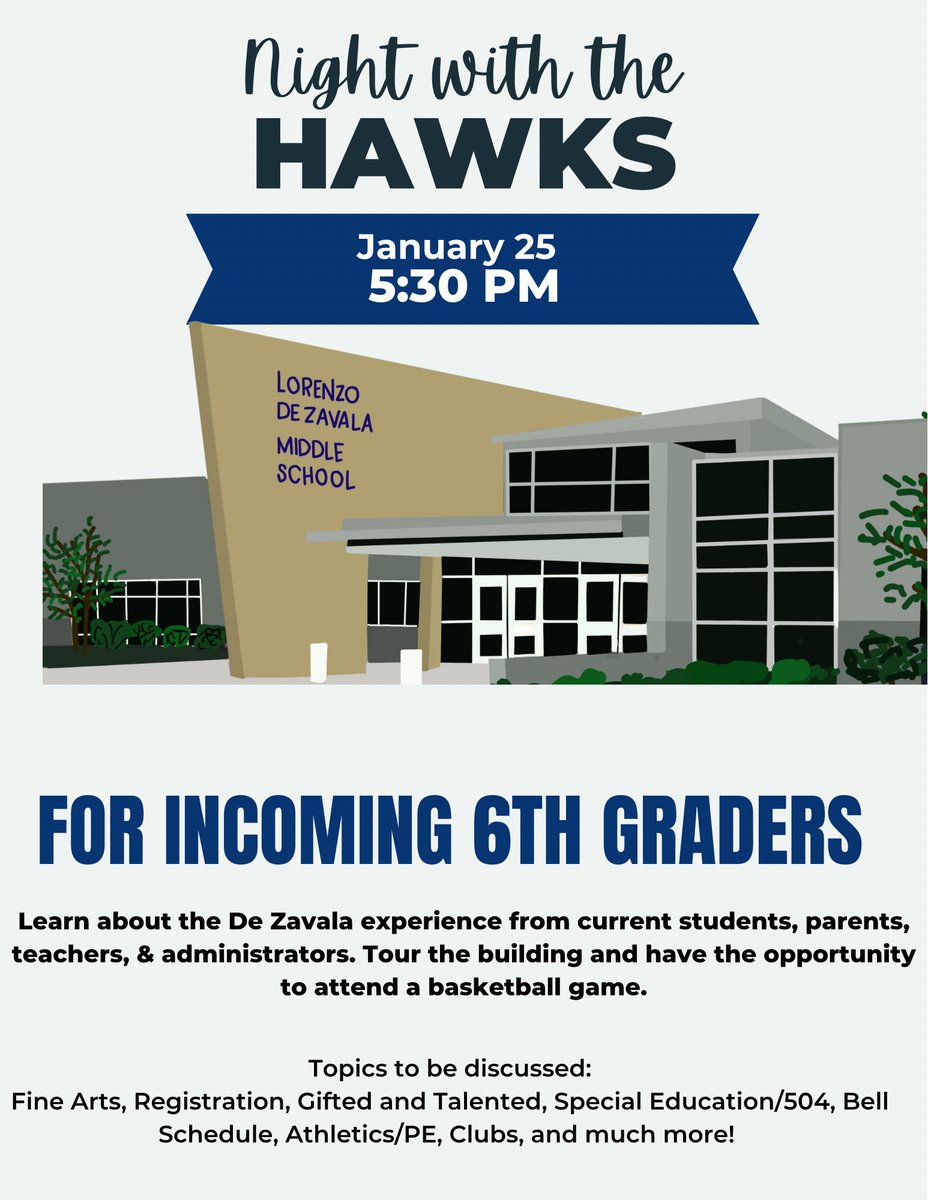 Tiffany Williams (@mrswilliamsiisd) on Twitter photo Do you know a 5th grader interested in coming to de Zavala next year? Please invite them to our Night with the Hawks! We are excited to share all  of the great things DZ has to offer! Do you know a 5th grader interested in coming to de Zavala next year? Please invite them to our Night with the Hawks! We are excited to share all  of the great things DZ has to offer!