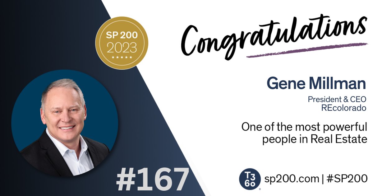 Congratulations to <a href="/gmillman/">Gene Millman</a>, President and CEO of <a href="/REcolorado_com/">REcolorado.com</a> for your inclusion on the #SP200 –Most Powerful People in #RealEstate <a href="/Swanepoel/">Stefan Swanepoel</a> <a href="/jackmiller/">Jack Miller</a> @clintskutchan - See the full list at sp200.com