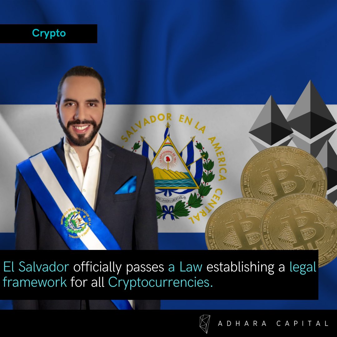 AdharaCapital's tweet photo. El Salvador continues its widespread adoption of digital assets as the country officially passed a law establishing legal framework for all cryptocurrencies. The news was shared by the National Bitcoin Office of El Salvador which stated that the law had been passed today. #Crypto https://t.co/r5lBN6sw8R