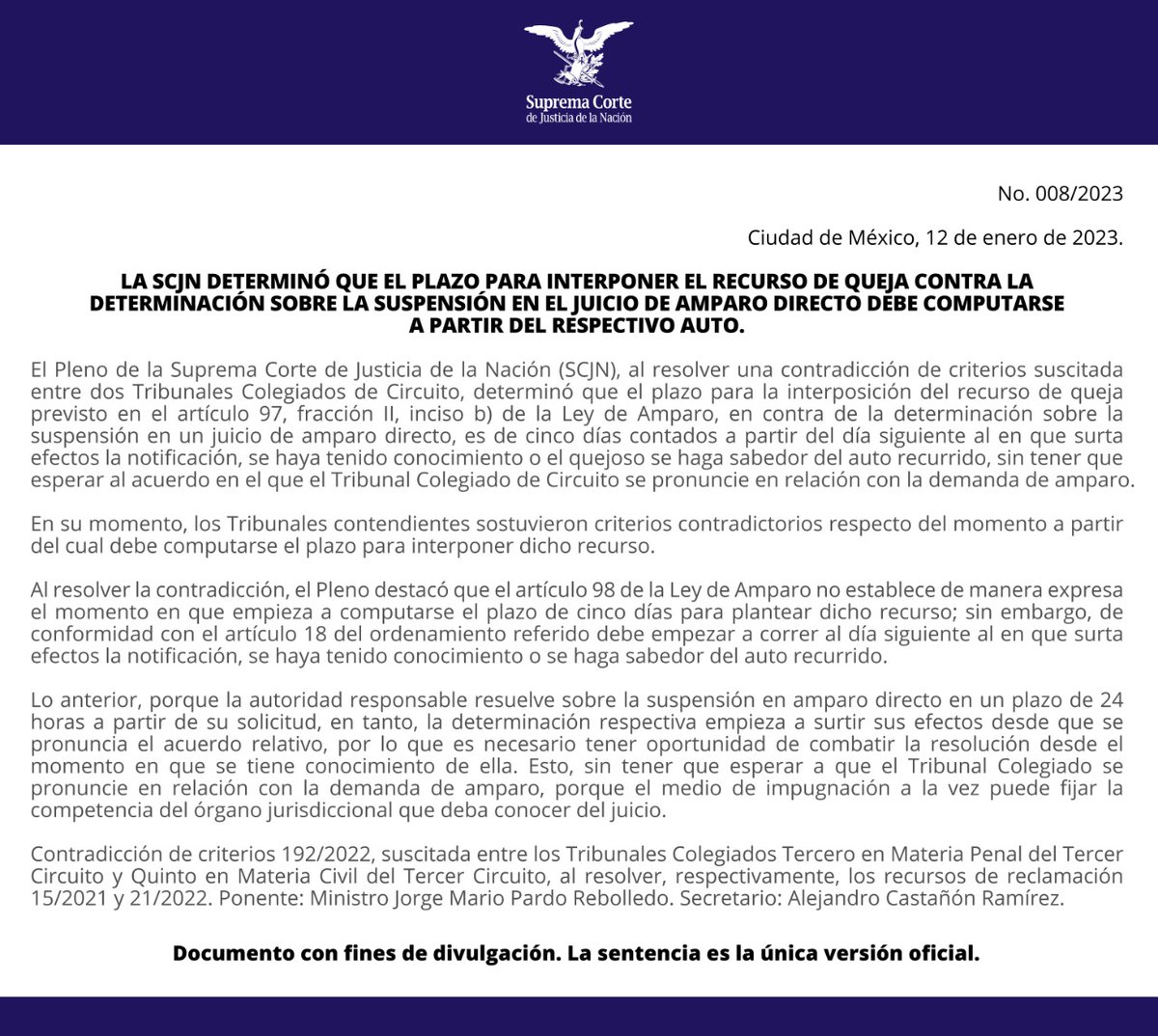 SCJN's tweet photo. La Corte determinó que el plazo para interponer el recurso de queja contra la determinación sobre la suspensión en el juicio de amparo directo debe computarse a partir del respectivo auto.

🔗https://t.co/WwMTVd4Y2P https://t.co/oOg2dmTm07