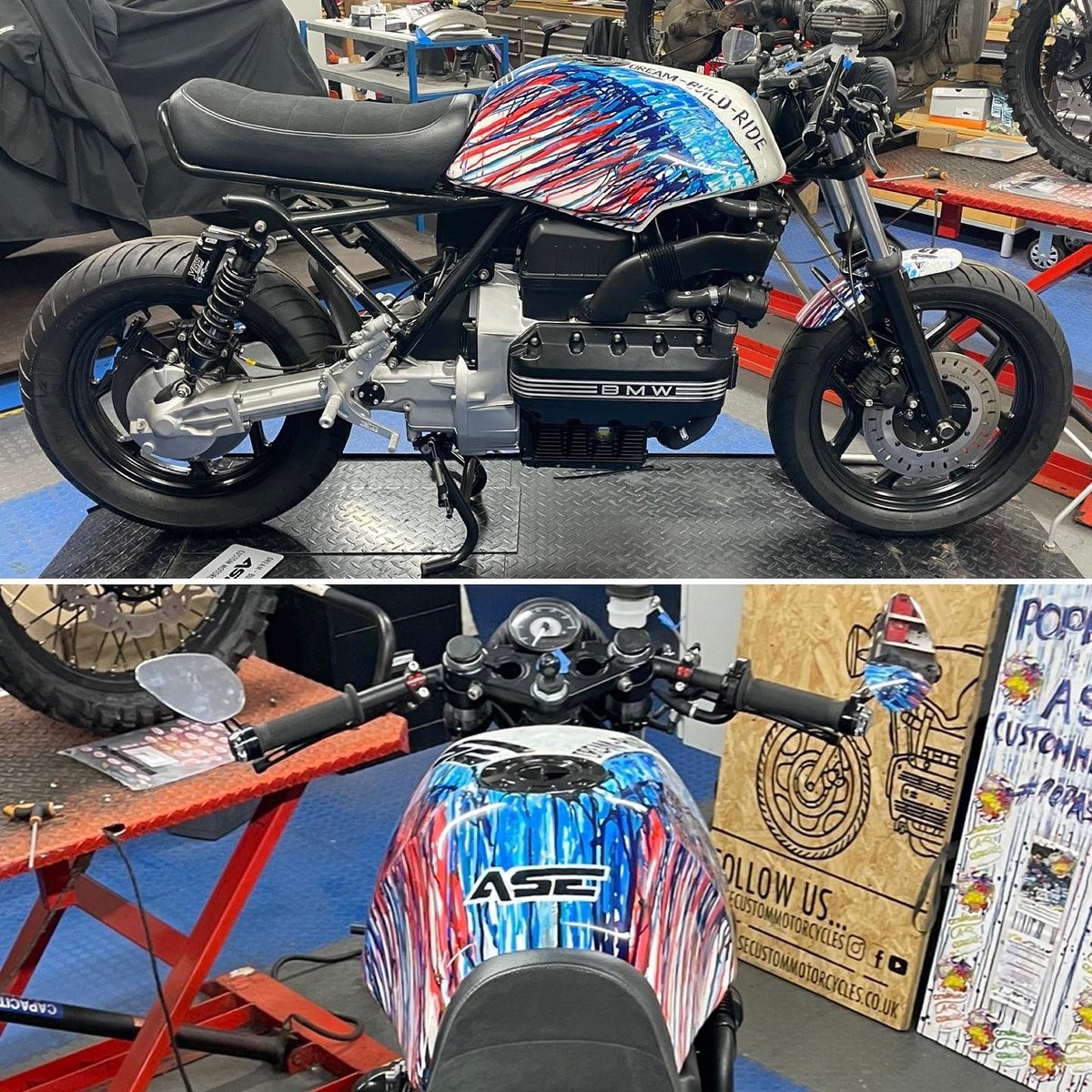 Popbangcolour's tweet photo. It’s super cool to have the custom built @asecustommc on display @Autosport_Show this week.

The 1987 BMW K100 RS with full custom @Popbangcolour paintwork &amp; a list items that make it a 1 of 1 bespoke build.

The art bike is available to buy too #ASEmotorcycles #ASE #ASI23 https://t.co/1Oz9YTego4