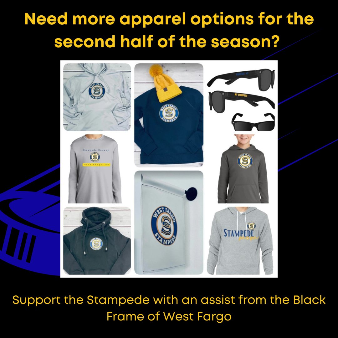 Need more Stampede apparel and bling for the second half of the season!?  Support Stampede hockey with an assist from The Black Frame in West Fargo!  Click the link below to check out all of the great gear!  💙💛🏒🥅

shopblackframe.com/collections/st…