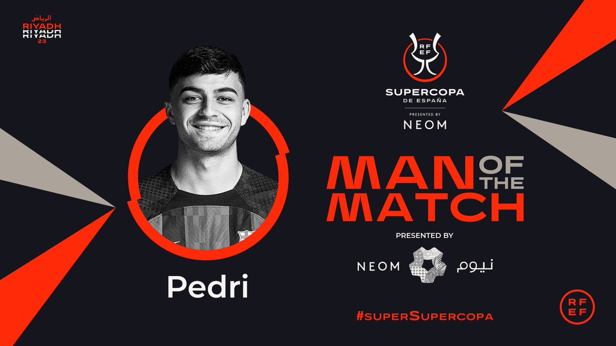 rfef's tweet photo. 😍 ¡MUCHAS 𝗙𝗘𝗟𝗜𝗖𝗜𝗗𝗔𝗗𝗘𝗦!

🌟 @Pedri ha sido elegido como 𝑀𝐴𝑁 𝑂𝐹 𝑇𝐻𝐸 𝑀𝐴𝑇𝐶𝐻 de la segunda semifinal de la #superSupercopa

✅ Un trofeo patrocinado por @Neom https://t.co/GB8AO9aSnB
