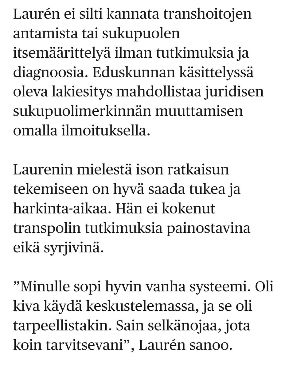 #translaki 

'Laurén ei silti kannata transhoitojen antamista tai sukupuolen itsemäärittelyä ilman tutkimuksia ja diagnoosia.'

Metsätiede | Suometsätieteen tuore professori on puun ja kuoren välissä – miten yhdistää metsätalous ja hiilineutraalius? 

hs.fi/tiede/art-2000…