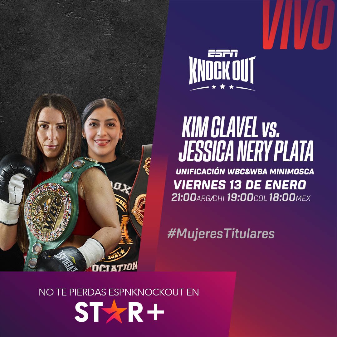 ESPNKnockOut's tweet photo. Maรฑana hay jarana
๐ฅ Kim Clavel ๐จ๐ฆ vs Jรฉssica Nery Plata ๐ฒ๐ฝ (Unificaciรณn Mundiales ๐ WBC&WBA minimosca)
๐ฅ Akdeniz ๐จ๐ฆ vs Bielma ๐ฒ๐ฝ
๐ฅ EN VIVO ๐ฅ por #ESPNKnockOut
๐บ @StarPlusLA
21:00 ๐ฆ๐ท๐บ๐พ๐จ๐ฑ๐ต๐พ
20:00 ๐ฉ๐ด๐ง๐ด๐ป๐ช๐ต๐พ
19:00 ๐จ๐ด๐ต๐ช๐ช๐จ๐ต๐ฆ
18:00 ๐ฒ๐ฝ๐ณ๐ฎ๐ฌ๐น๐ธ๐ป๐จ๐ท๐ญ๐ณ
#ClavelPlata #MujeresTitulares https://t.co/1N8neJlixY