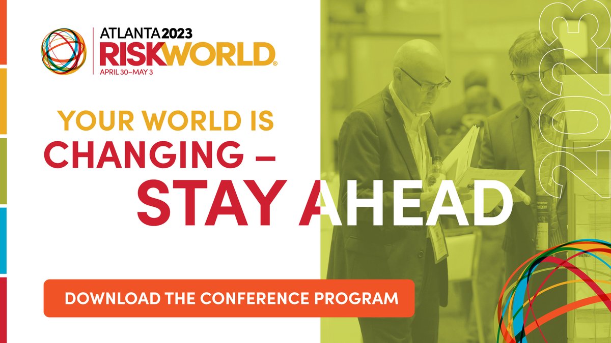 RIMSorg's tweet photo. Download the RISKWORLD program for the complete rundown of sessions and events. Enhance your knowledge with in-depth education and discover state-of-the-art solutions in the marketplace. Learn more at https://t.co/bt8BkC6uRR
#RISKWORLD #riskmanagement #seeyouinAtlanta https://t.co/9BMdNMOaky
