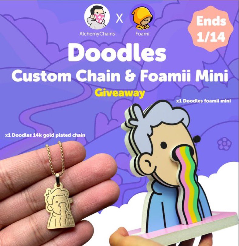 alchemychains's tweet image. I partnered up w/ @foami to give away a free @doodles chain and Foamii mini! 🌈

Like + RT
Follow @alchemychains &amp;amp; @Foami 
Tag a friend

Giveaway ends in 48hrs ⏰
foami.io/giveaway